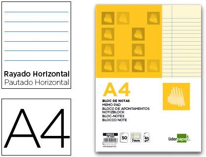 Bloc notas Liderpapel A4 50 hojas amarillas 60g/m² raya horizontal